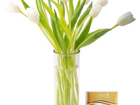 KaBloom Bouquet of Fresh White Tulips with Vase and One Box of Lindt Chocolates (Farm-Fresh, Cut-to-Order and Homegrown in the USA) Online Sale