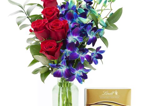 KaBloom Sapphire Red Bouquet of Fresh Red Roses and Exotic Blue Orchids with Vase and One Box of Lindt Chocolates, 1 Set on Sale