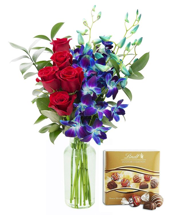 KaBloom Sapphire Red Bouquet of Fresh Red Roses and Exotic Blue Orchids with Vase and One Box of Lindt Chocolates, 1 Set on Sale